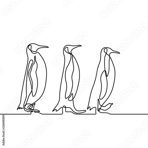 Continuous line drawing three penguins follow each other. Travel concept. Vector.