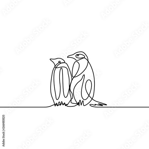 Continuous line drawing two penguins are standing nearby. Nature, wildlife.