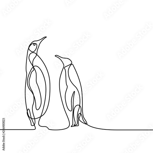 Continuous line drawing two penguins stand opposite each other. Love concept.