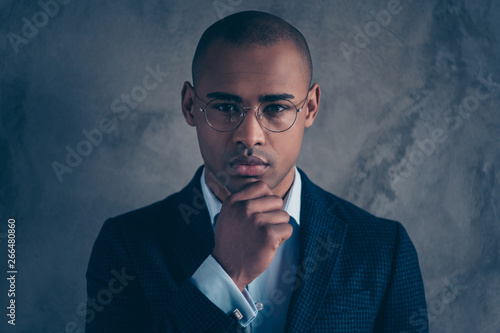 Closeup photo portrait of attractive chic classy modern bald people person minded entrepreneur wearing blue shirt with collar isolated grey background 