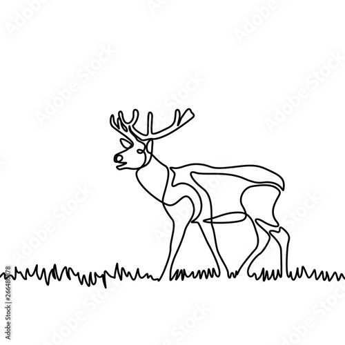 Continuous line elk standing in the grass or meadow. Vector illustration.