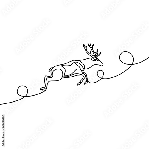 Continuous line jumping elk. Vector illustration.