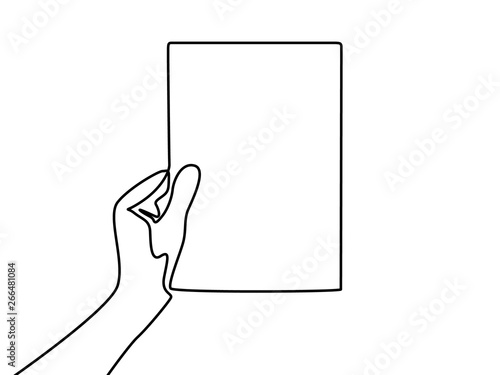 Continuous line drawing Hand holding a blank A4 sheet of paper.