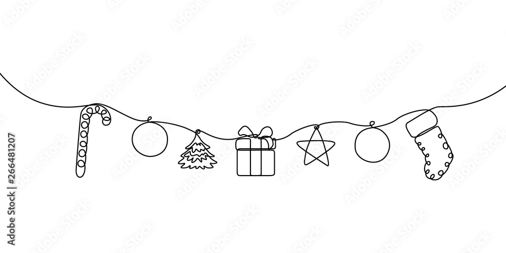 Continuous line hanging candy, ball, christmas tree, gift box, star and sock. Merry Christmas and Happy New Year theme. Vector illustration.