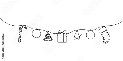 Continuous line hanging candy, ball, christmas tree, gift box, star and sock. Merry Christmas and Happy New Year theme. Vector illustration.