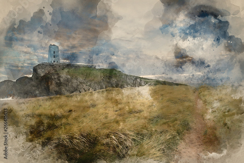 Watercolor painting of Landscape image of Twr Mawr lighthouse with windy grassy footpath in foreground at  sunset photo