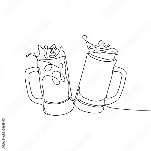 Continuous line drawing two glasses of bear clinking. Beer spray. Vector illustration.