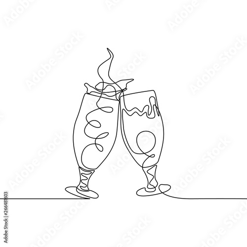 Continuous line two clinking glasses of beer creating splash. Vector illustration.