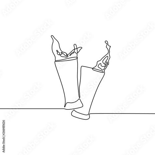 Continuous line two clinking glasses of beer. Vector illustration.