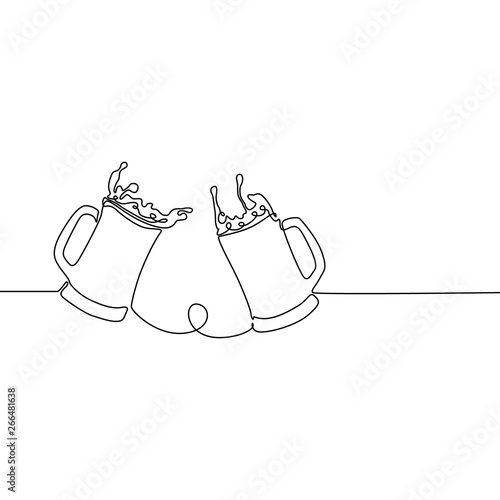 Continuous line beer glasses with splashes, beer spray. Vector illustration.