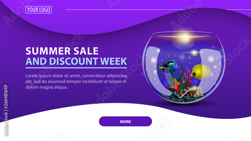 Summer sale and discount week, modern discount web banner for the site with round aquarium with fish