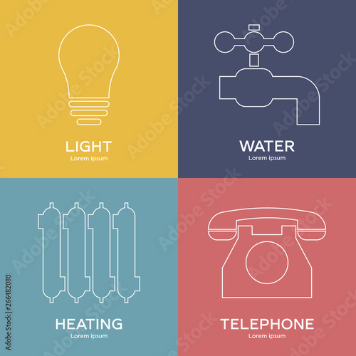 Line style icons of utilities. Symbols of light, water, heating, telephone. Clean and modern vector illustration for design, web.