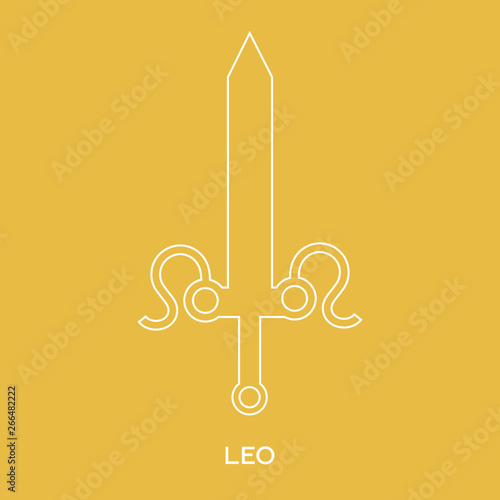 Leo zodiac sign. Line style icon of zodiacal weapon sword. One of 12 zodiac weapons. Astrological, horoscope sign. Clean and modern vector illustration for design, web.