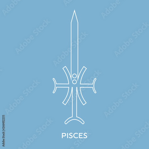 Pisces zodiac sign. Line style icon of zodiacal weapon sword. One of 12 zodiac weapons. Astrological, horoscope sign. Clean and modern vector illustration for design, web.