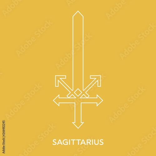 Sagittarius zodiac sign. Line style icon of zodiacal weapon sword. One of 12 zodiac weapons. Astrological, horoscope sign. Clean and modern vector illustration for design, web.