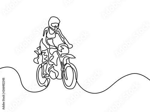 Continuous line woman stund up riding on motorbike. Vector illustration.