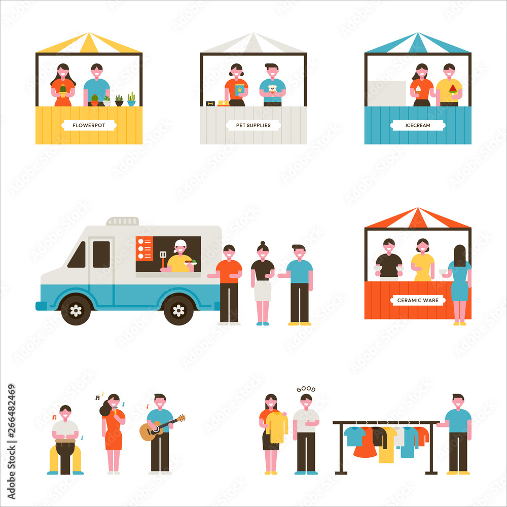 Various booths and customers in the flea market. flat design style minimal vector illustration Various booths and customers in the flea market. flat design style minimal vector illustration