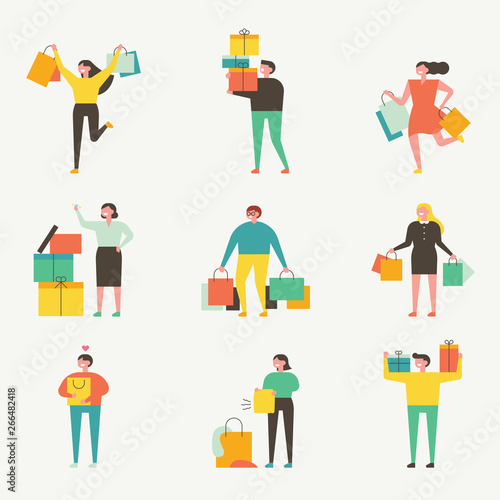 Customers with lots of shopping bags and shopping boxes. flat design style minimal vector illustration