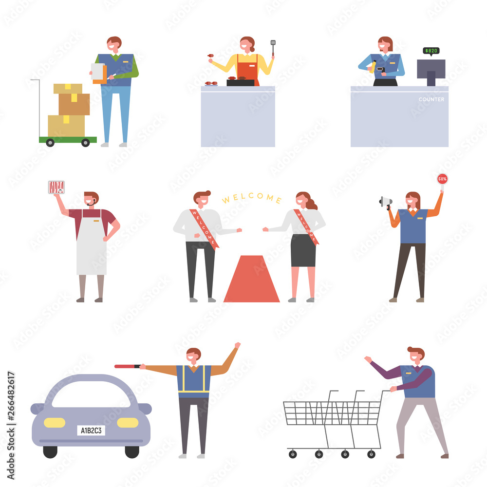Employees working in various parts of the market. flat design style minimal vector illustration Employees working in various parts of the market. flat design style minimal vector illustration