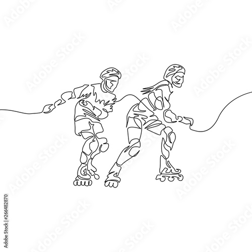 Continuous one line drawing couple rollerblading. Sport, recreation, friendship, relax, hobby theme.