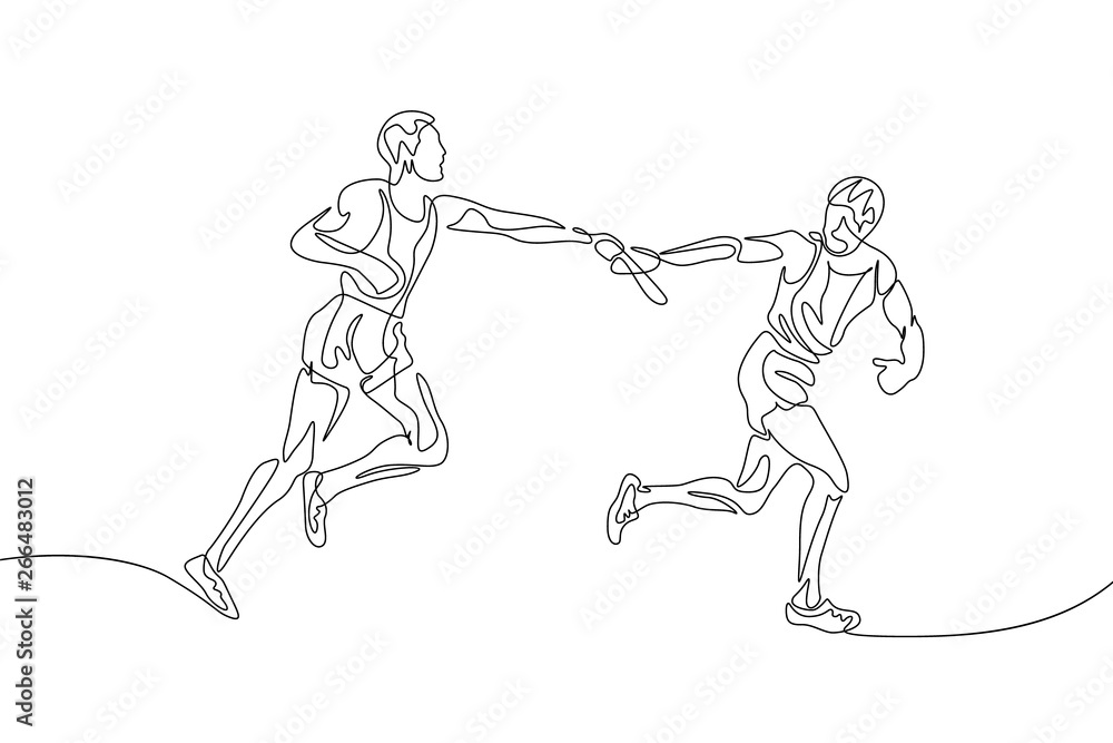 Continuous one line relay race, runner passes the baton. Teamwork concept. Continuous one line relay race, runner passes the baton. Teamwork concept.