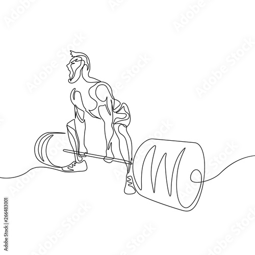 Continuous one line drawing bodybuilder perform deadlift. Powerlifting, sport theme.