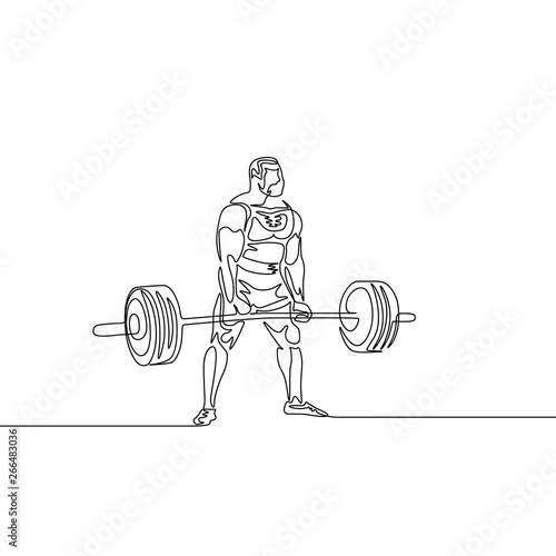 Continuous one line drawing athlete perform deadlift. Powerlifting, sport theme.
