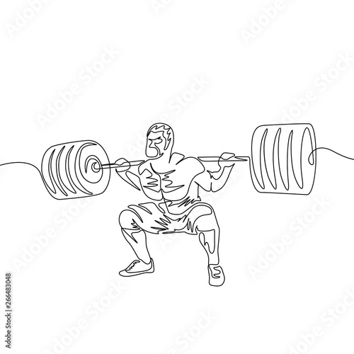 Continuous one line a man performs a squat with a heavy barbell