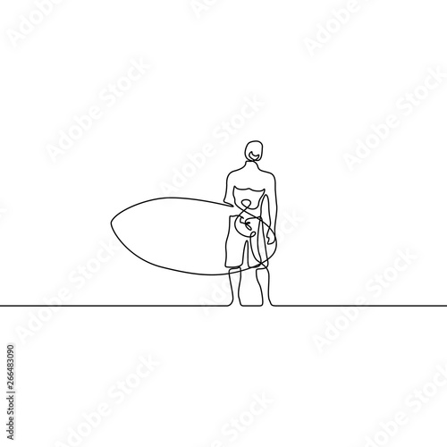 Continuous line guy stand up with paddleboard or surfboard. Vector illustration.