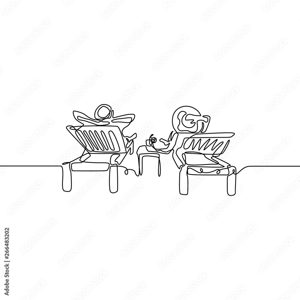 Continuous line Love couple relax on deckchair. Vector illustration. Continuous line Love couple relax on deckchair. Vector illustration.