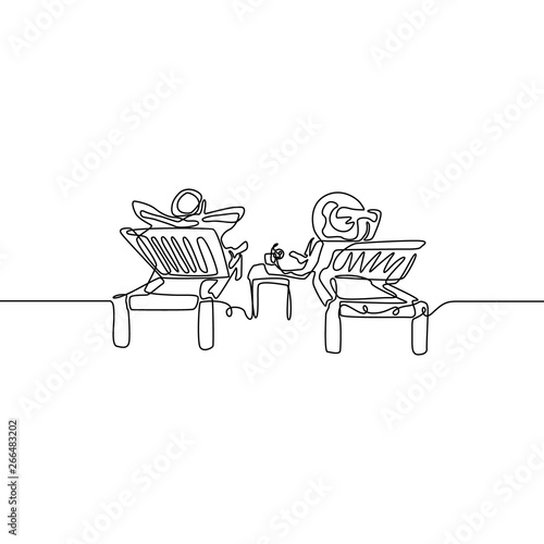 Continuous line Love couple relax on deckchair. Vector illustration.