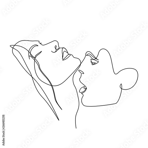 Continuous one line beautiful woman and man kisses passionately