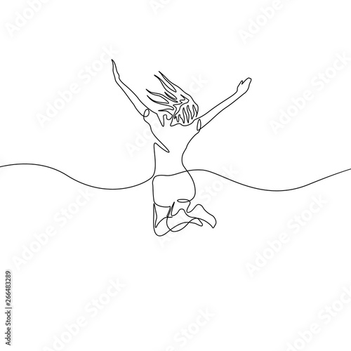 Continuous one line drawing happy jumping girl