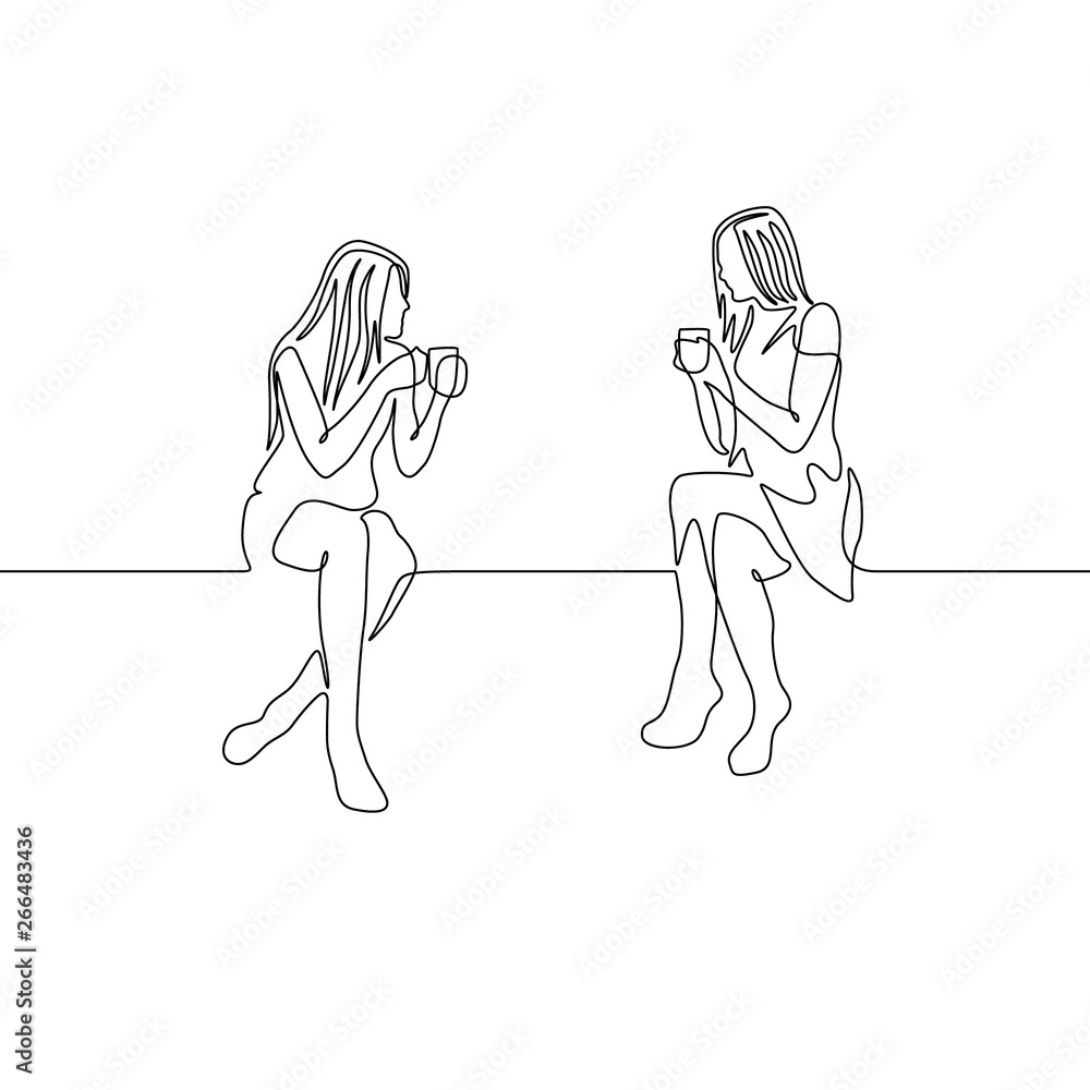 Continuous one line drawing two womans chat over a cup of tea