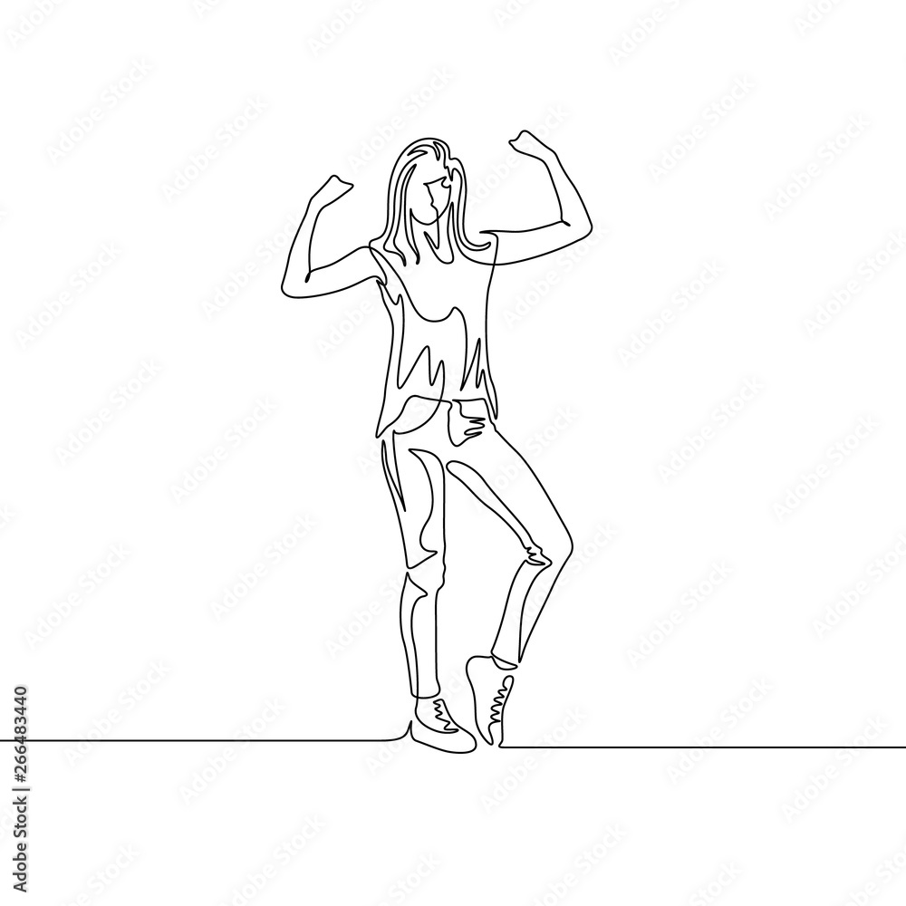 Continuous one line drawing standing girl show biceps