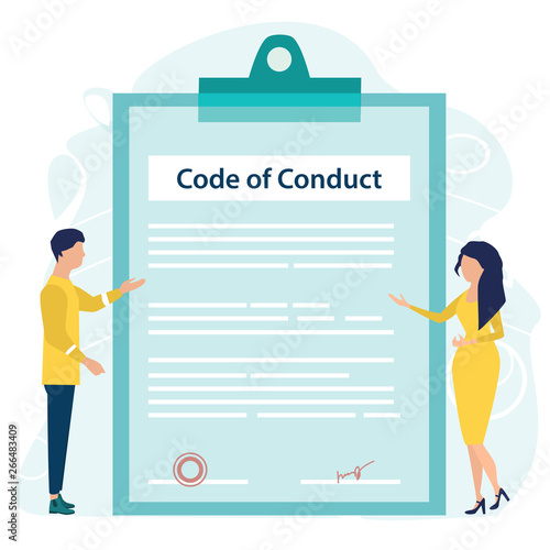 Code of Conduct. Business ethics. Business man and woman looking on document on a clipboard paper. Concept of ethical integrity value and ethics. Vector illustration. Flat cartoon style.