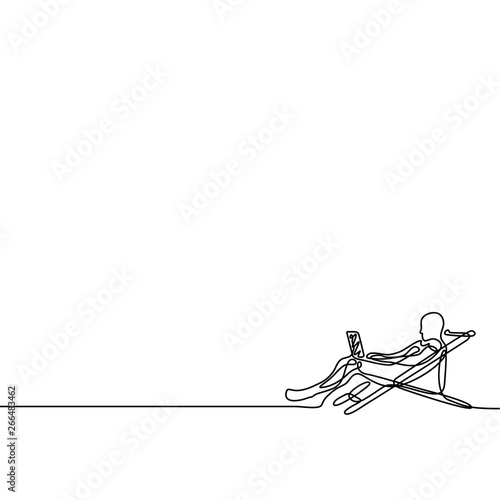 One line man freelancer working with a laptop lying on a lounger