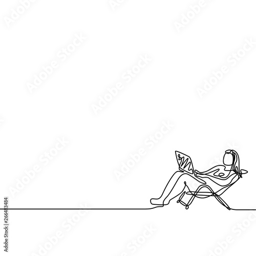 One line woman freelancer working with a laptop lying on a lounger