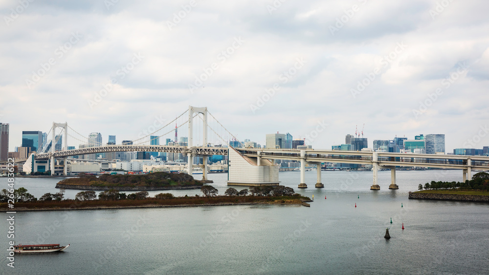 Rainbow Bridge and Tokyo Bay at Odaibacity, Japan.