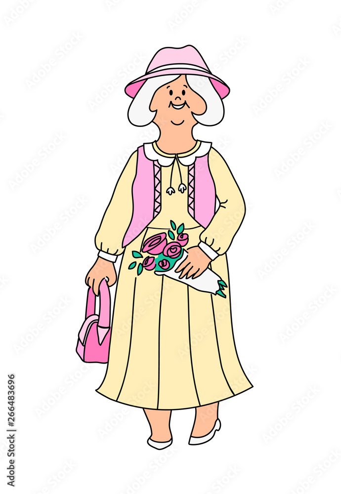 Cartoon portrait of grandmother in a yellow dress, pink vest and hat with a purse and a bouquet of roses isolated on white background. Happy old lady on a walk. Active senior woman. Grandma going out.