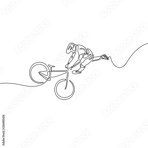 Continuous one line cyclist in a helmet performs a trick on bicycle
