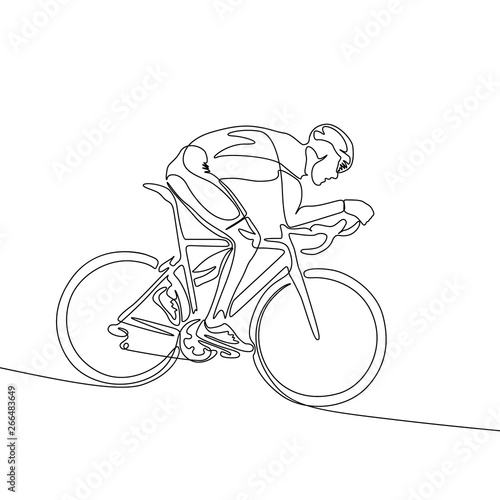 Continuous one line cyclist in helmet riding a bicycle down the slope