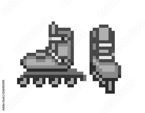 Pair of black inline roller skates, pixel art icon isolated on white background. Sport equipment. Retro 80s,90s video game graphics. Old school 8 bit slot machine symbol. Outdoor fitness activity.