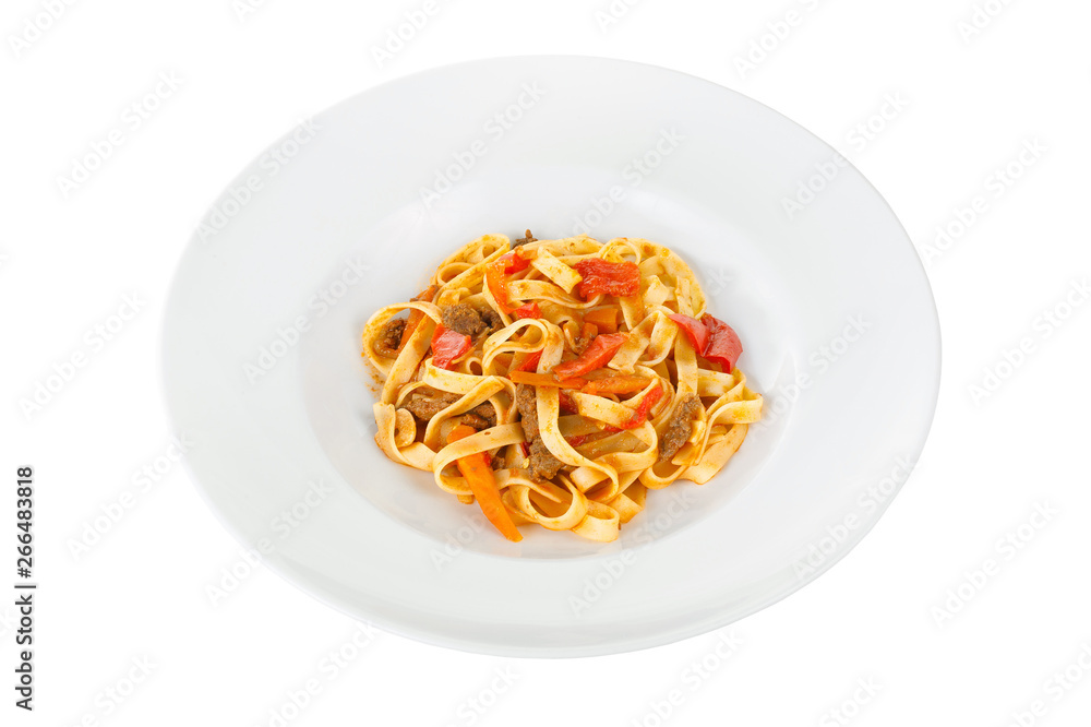 Pasta, noodles with beef meat and vegetables isolated white