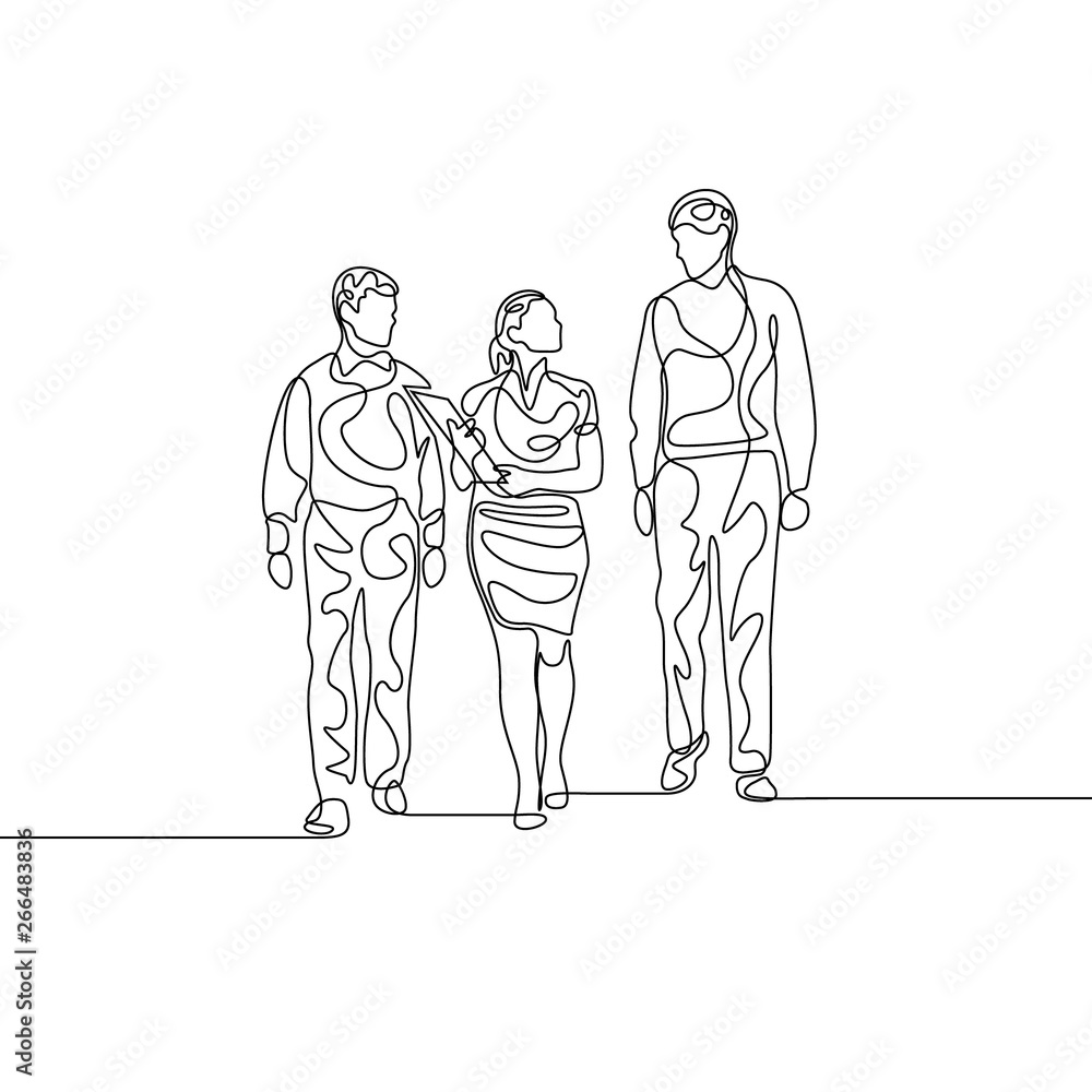 Continuous line Businesswoman with two assistans discussing work Continuous line Businesswoman with two assistans discussing work