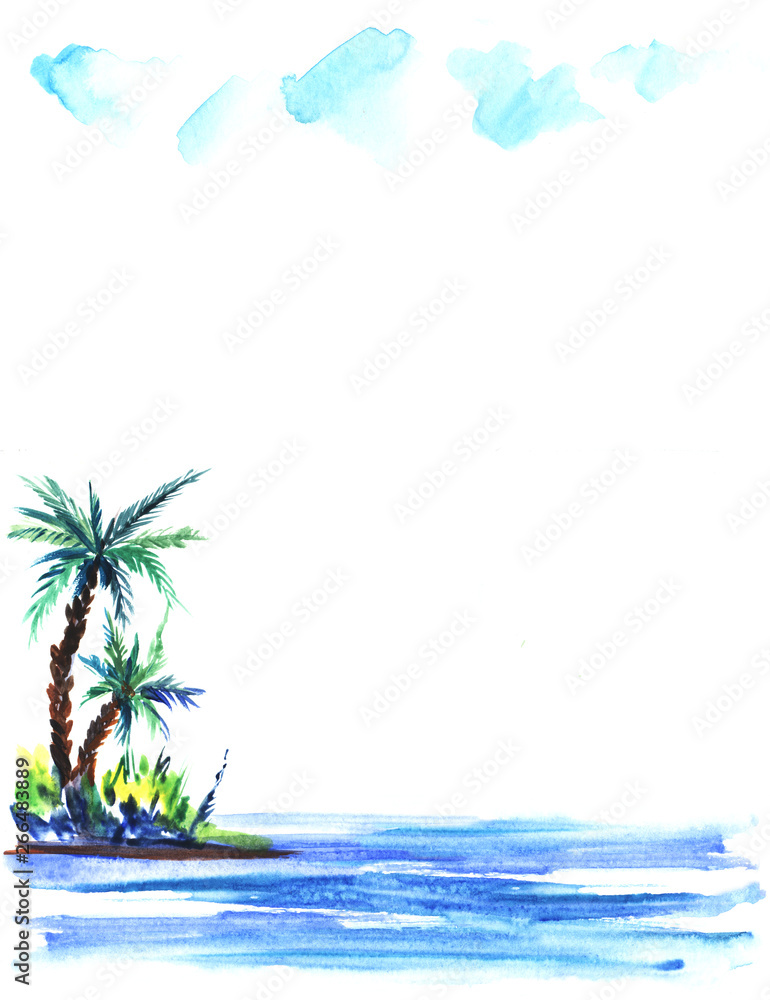 sketch illustration of a green island with lush bushes and palm trees in blue sea waters.Under a light cumulus clouds.Hand-drawn watercolor illustration