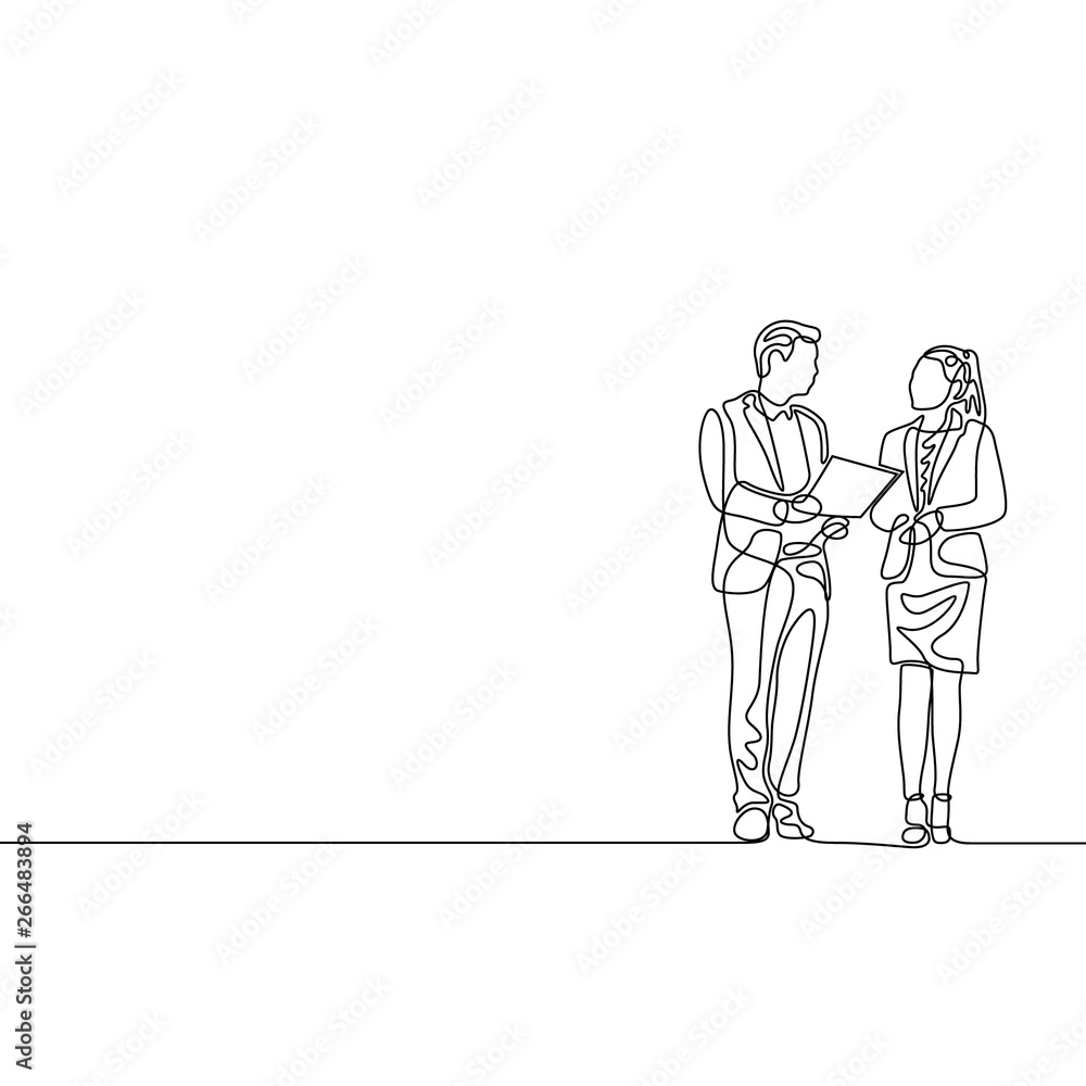 Continuous one line Businessman and Businesswoman discuss work Continuous one line Businessman and Businesswoman discuss work