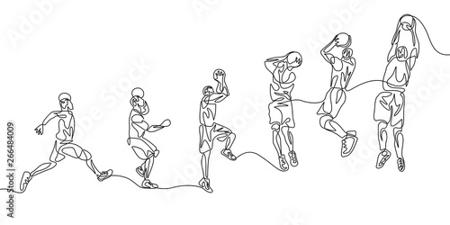 Continuous one line basketball player step by step doing slam dunk