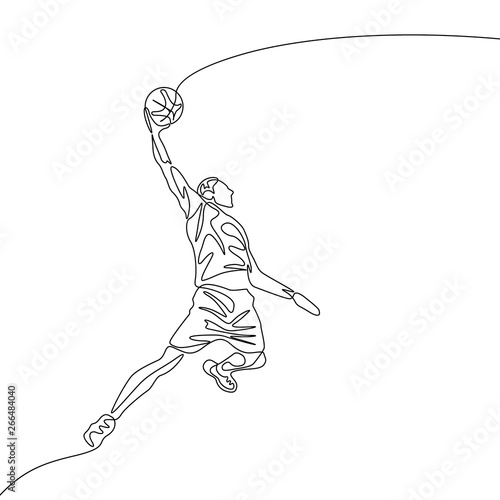 Continuous one line drawing basketball player jumps doing slam dunk