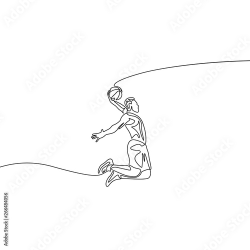 Continuous one line drawing basketball player doing slam dunk